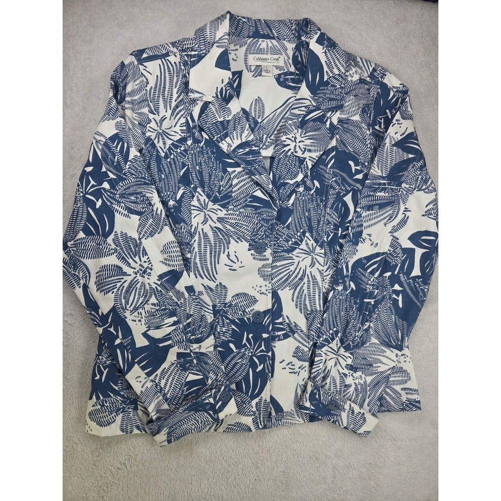 Coldwater Creek Womens L Blue White Tropical Leaf Cotton Blazer Jacket Coastal - Picture 1 of 9